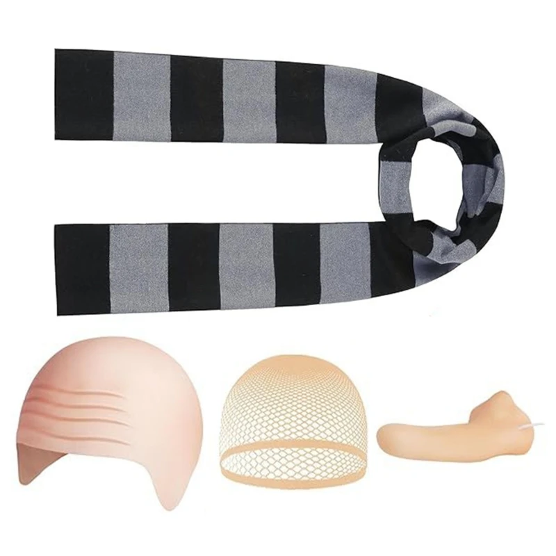 Bald Hat Set for Man Adults Gru Costume Accessories False Nose Black Gray Striped Scarf Halloween Set