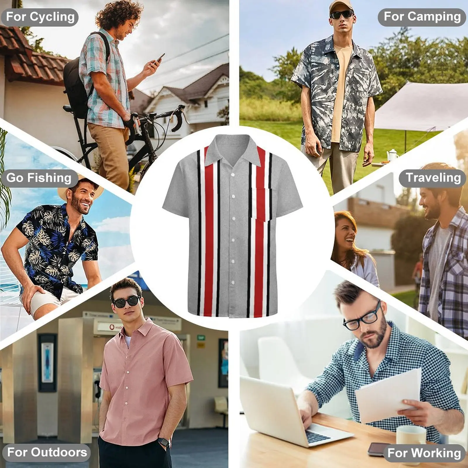 Hawaiian Shirts For Men Vintage Summer Shirt Gray Striped Shirt Short Sleeve Oversized Street Mens Designe Casual Clothing Tops