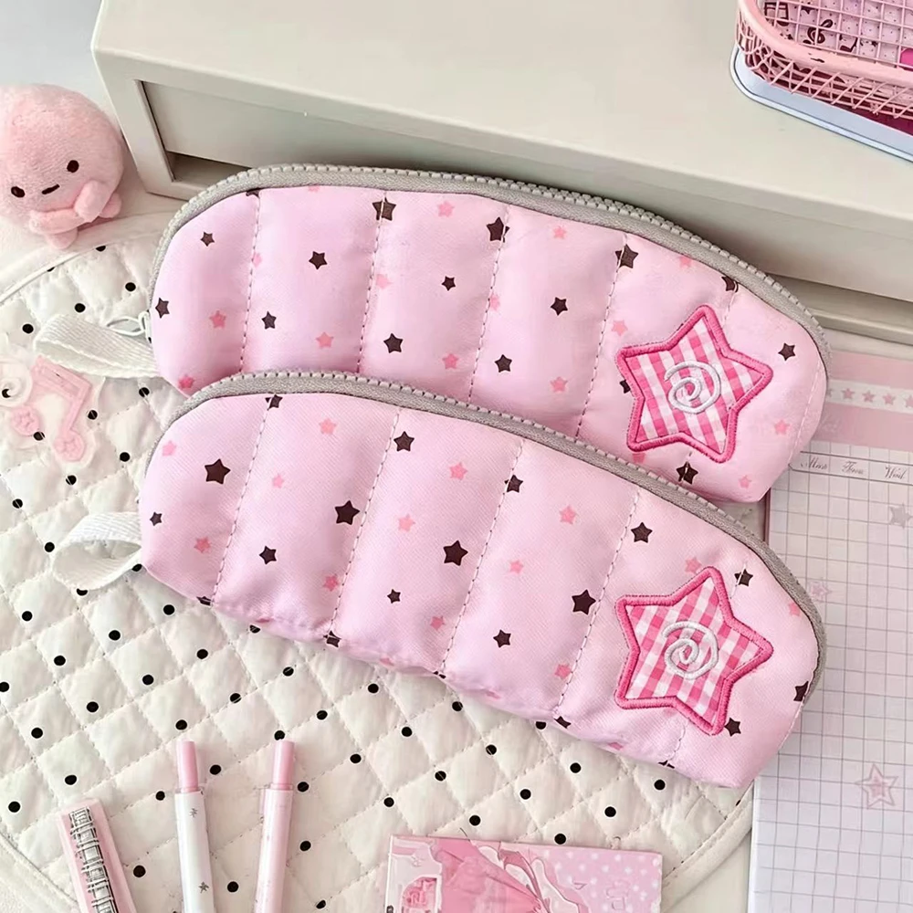 Pink Mist Star Student Pen Bag, Embroidered Pentagram Stationery Box, Large Capacity Stationery Storage Bag