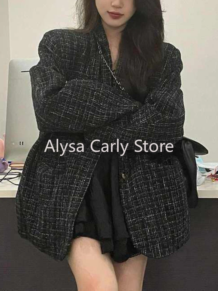 Elegant Office Lady Black Blazer Women Winter Korean Fashion Trend Outwear Coat Female 2024 New in Vintage Notched Collar Coat