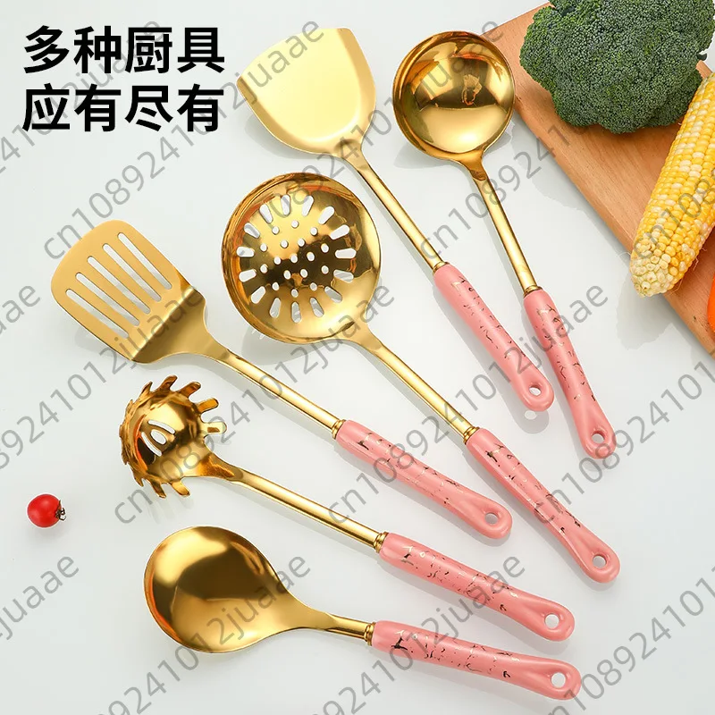 201 Stainless Steel Kitchenware Ceramic Handle Scoop 7-piece Set Household Spatula Powder Fishing Vegetable Soup Colander