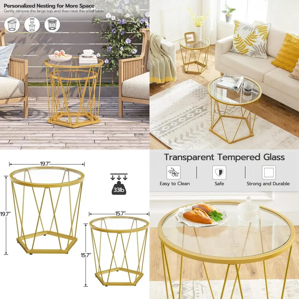 

Pair of Modern Gold Metal Frame Round Glass Coffee Tables for Living Room, Bedroom, Balcony