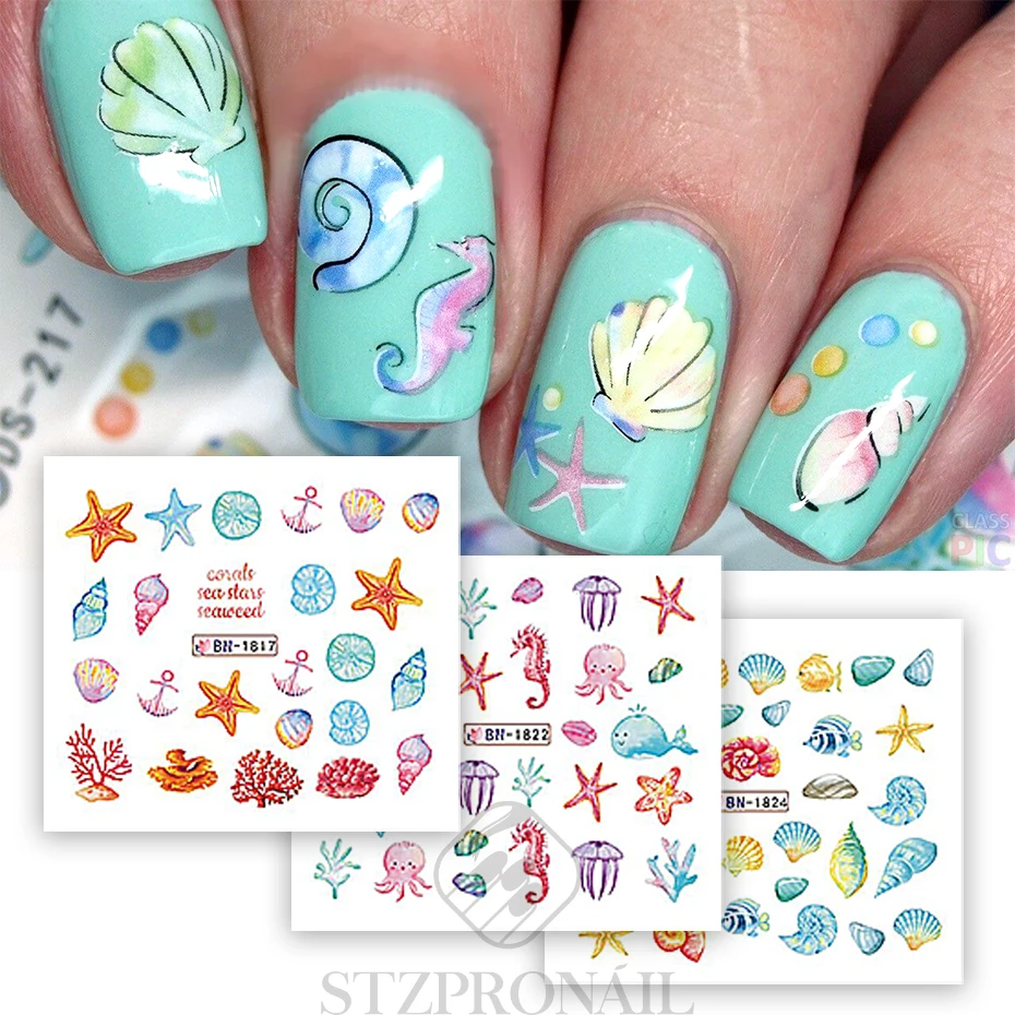 Pegatinas de animales del océano para manicura, calcomanías de transferencia de agua DIY, ballena de dibujos animados de mar, decoración de uñas, puntas SLBN, 12 piezas