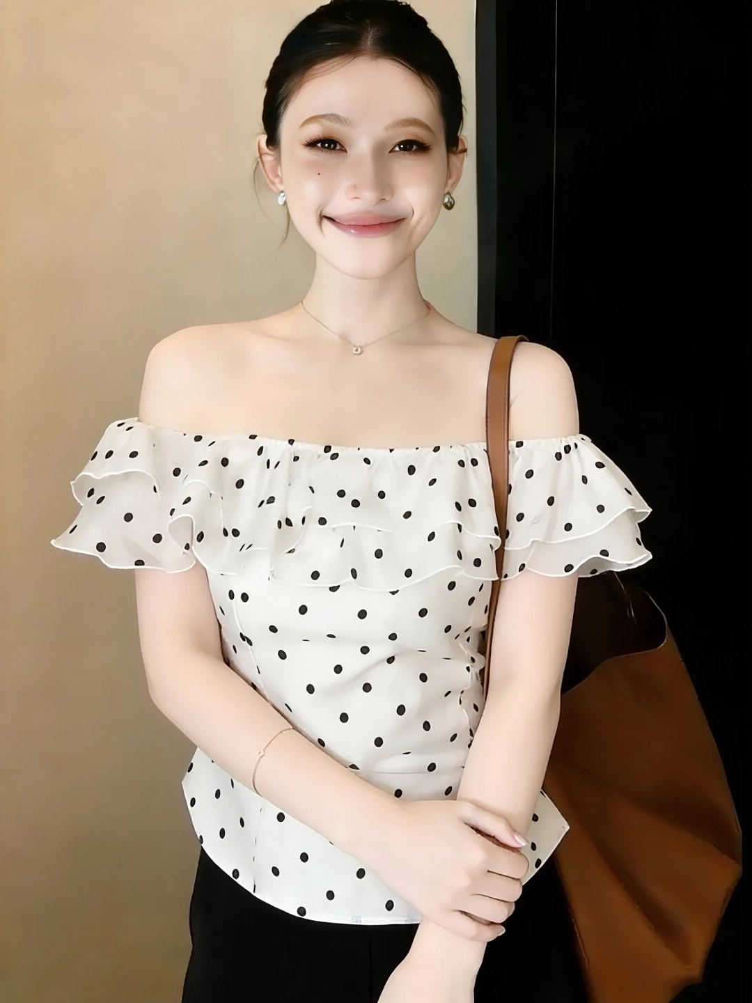 Slimming Polka Dot Short Sleeve One Shoulder Chiffon Top Women's Summer Fashion Korean Style Commute Style Decorated Hemline