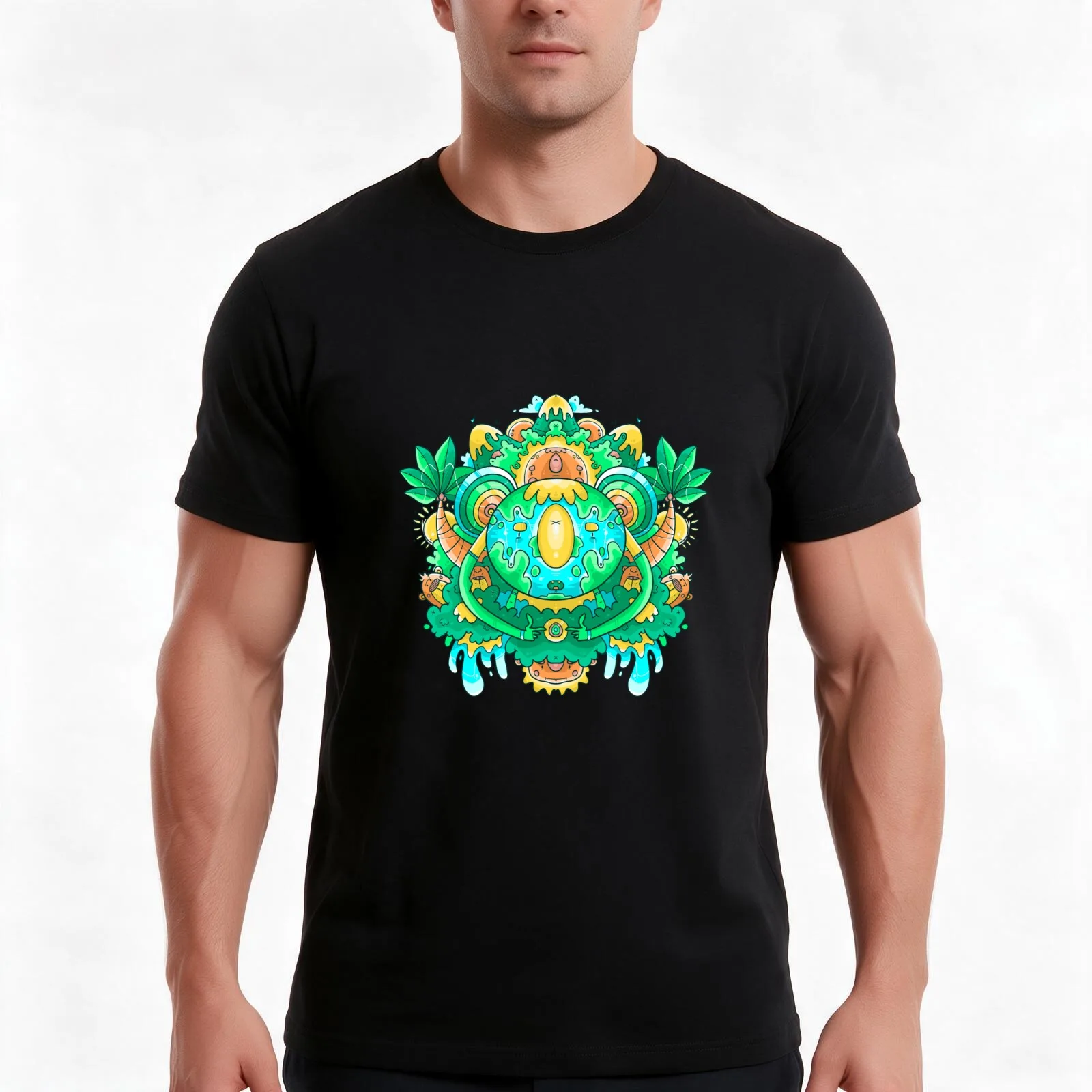 Cute Koala Earth Doodle T-Shirt, Summer Casual Cotton Tee, Oversized Streetwear Tops, Vintage Graphic Print, Unisex Men Women