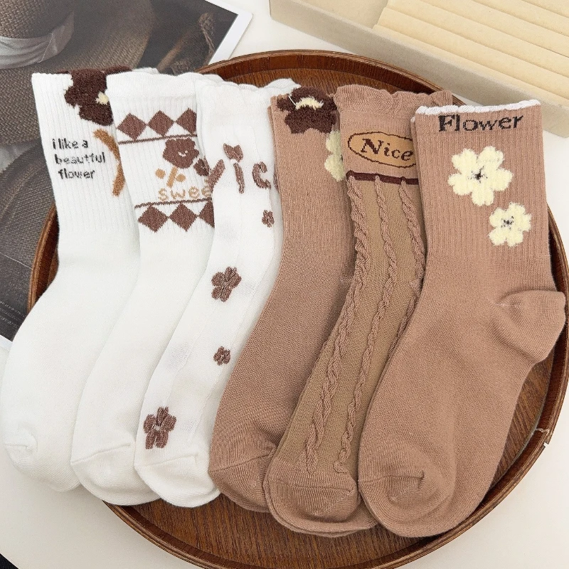 Korean Women's Mid Tube Socks Autumn and Winter Plush Lace Socks Ins Trendy Versatile Forest Coffee Colored Socks