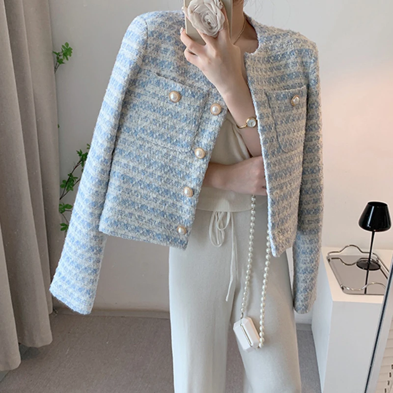 

Zoki Casual Tweed Elegant Jackets Women Korean Fashion Pearl Buttons Long Sleeve Short Coats Sweet O Neck Blue Plaid Jackets New