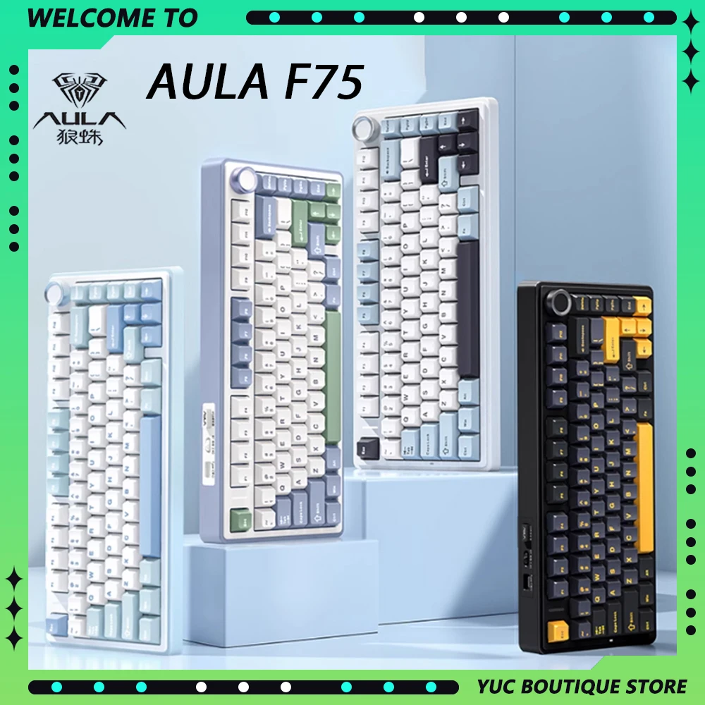 AULA F87 Pro E-sport Mechanical Keyboards Grey Wood Switch Agile Switch  3-Mode Keyboard RGB Side Light Hot Swappable 87 Key