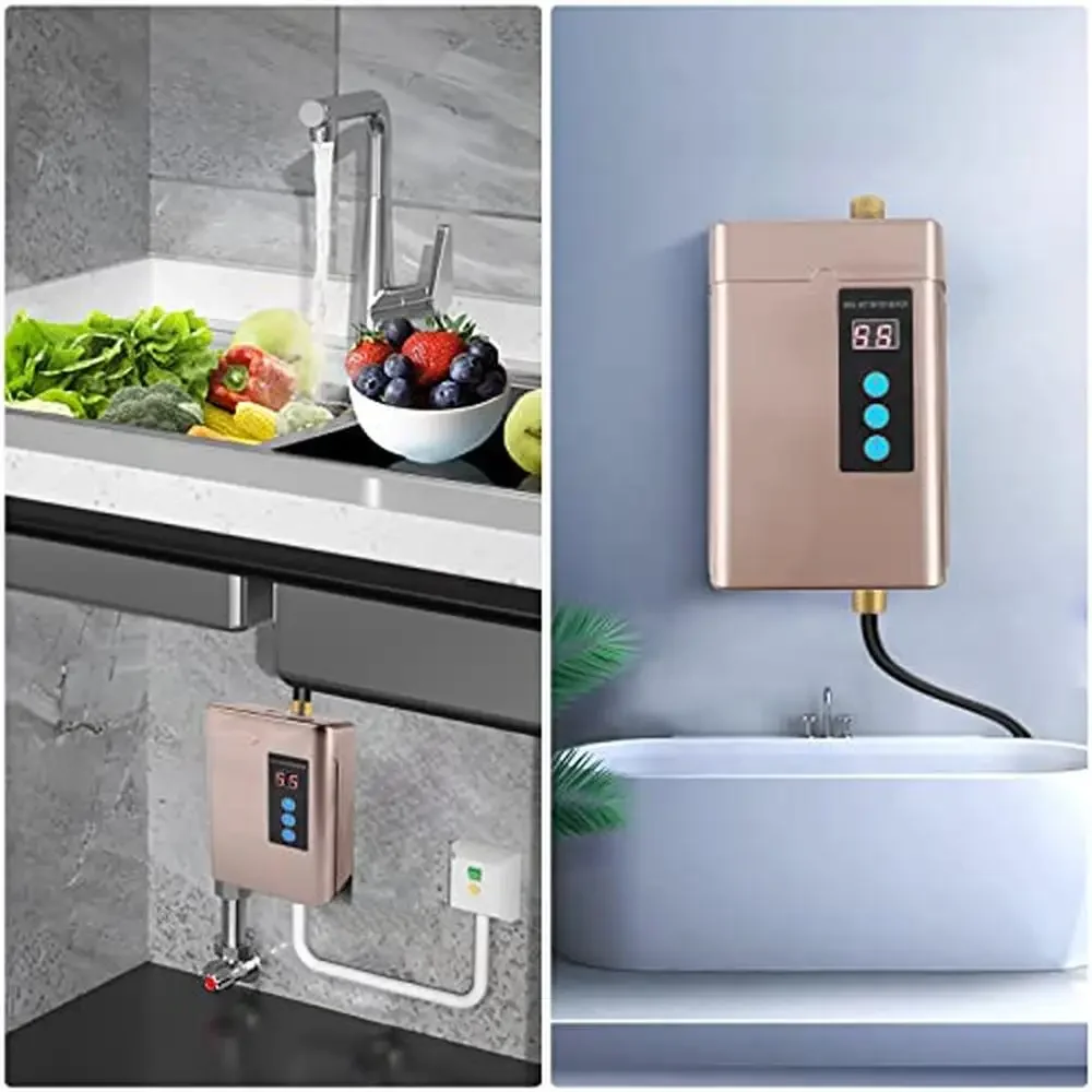 Electric Water Heater 110V 3000W Mini Tankless Instant Hot Water Kitchen Bathroom Washing Gold Adjustable Temperature Control