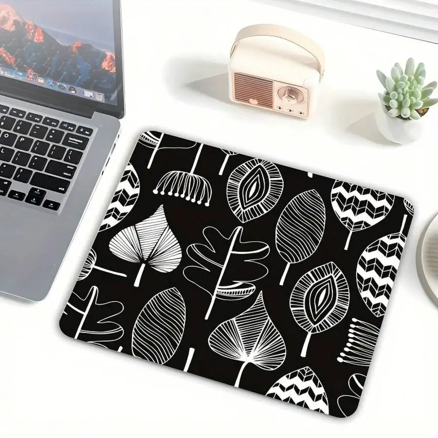 Black And White Leaf Pattern Rubber Mouse Pad Rectangular Non-Slip Desktop Mat For Office Gaming