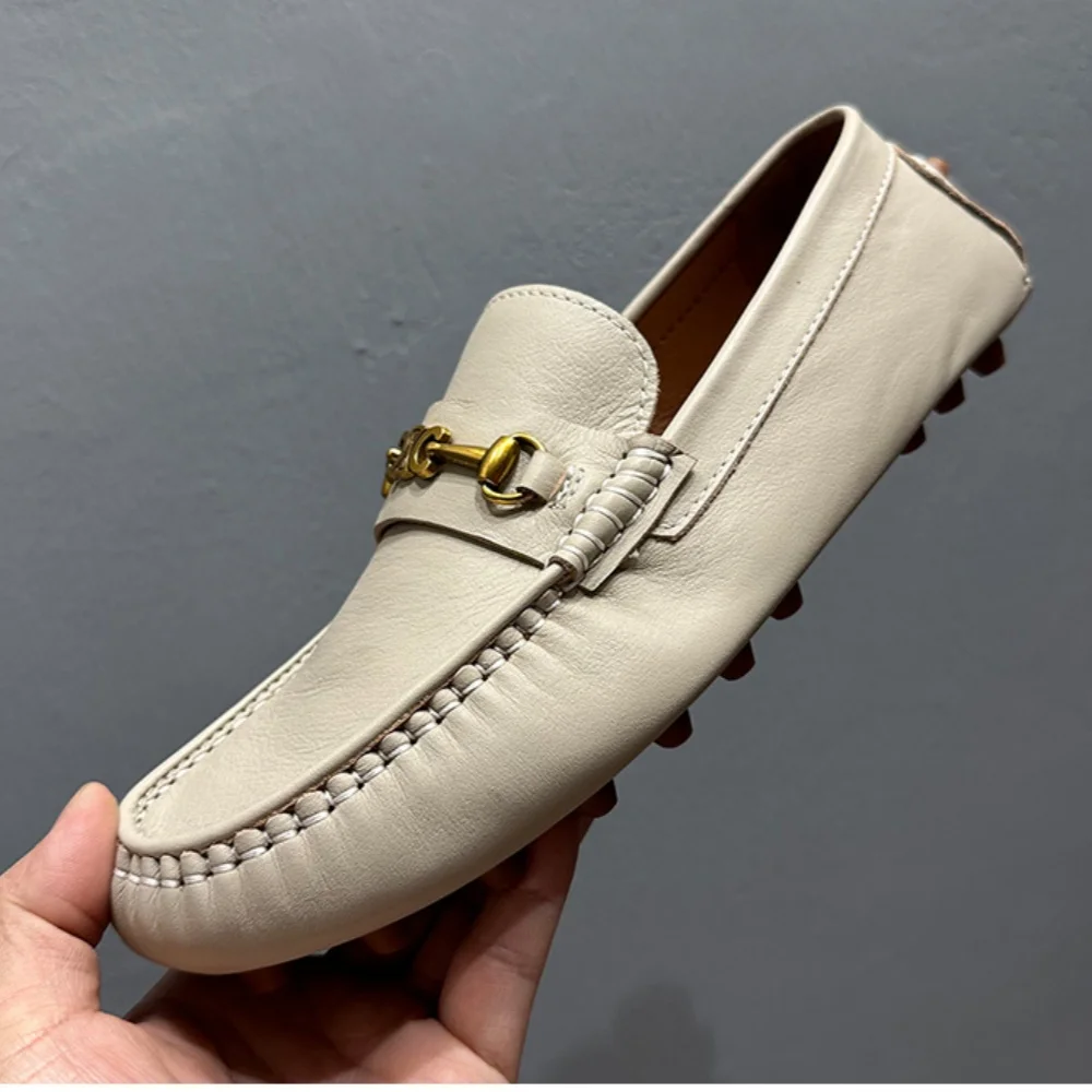 

QHCCID Handmade leather shoes High Quality Cowhide Men's Shoes White Loafers Men Casual Shoes