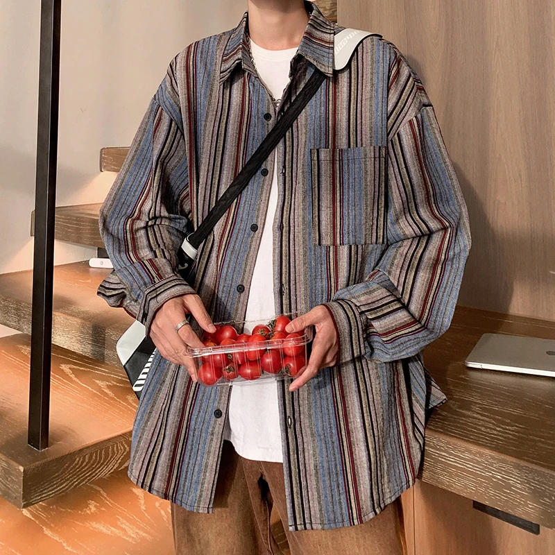 

Retro Striped Asymmetrical Long Sve Collared irt Men's Women's Trendy BF Sle Japanese Loose Fit Iron-Free irt