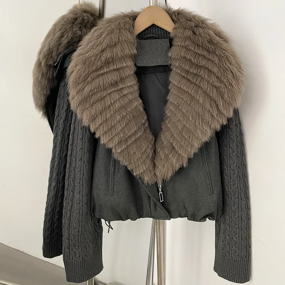 OFTBUY 90 White Duck Down Jacket Cable Knit Sleeve Zipper Drawstring Hem Cropped Coat Women Winter Real Layered Fox Fur Collar