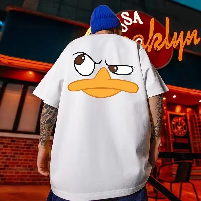 A loose and comfortable American retro duck-patterned men's T-shirt with a round neckline, featuring various styles.