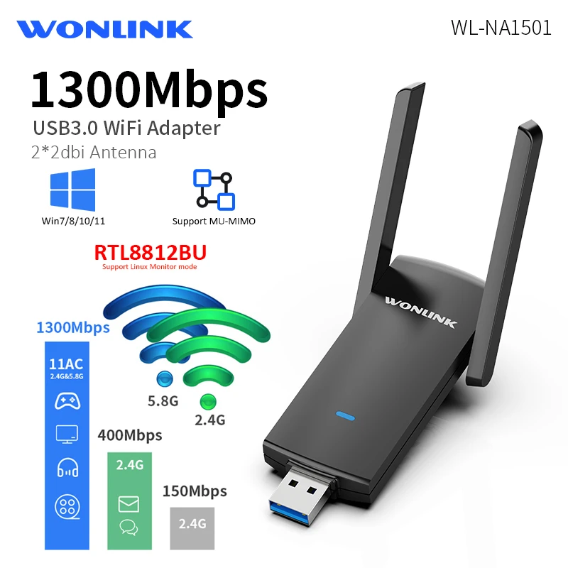 Adaptador De 1300Mbps Wifi Usb 3,0 Adaptador De Wi fi 5Ghz/2G RTL8812BU 2*2dbi 650Mbps Antena Para PC Receptor De Rede Cle Dongle tarjeta