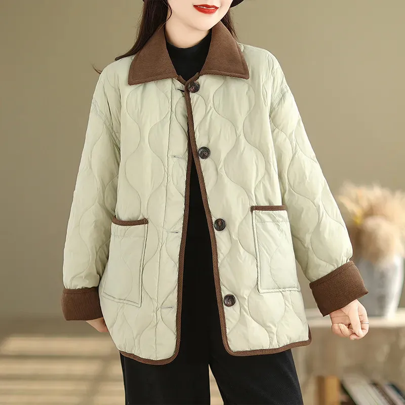 

Fashion Diamond Check Color Lapel Thin Cotton Clothing Overcoat Women Winter New Loose Casual Padded Clothes Coat Female W443