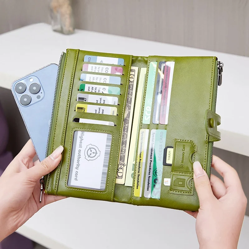 Cartera larga para mujer de cuero ence con doble cremallera, estilo retro, transfronterizo, RFID antirrobo, marca Infinite.