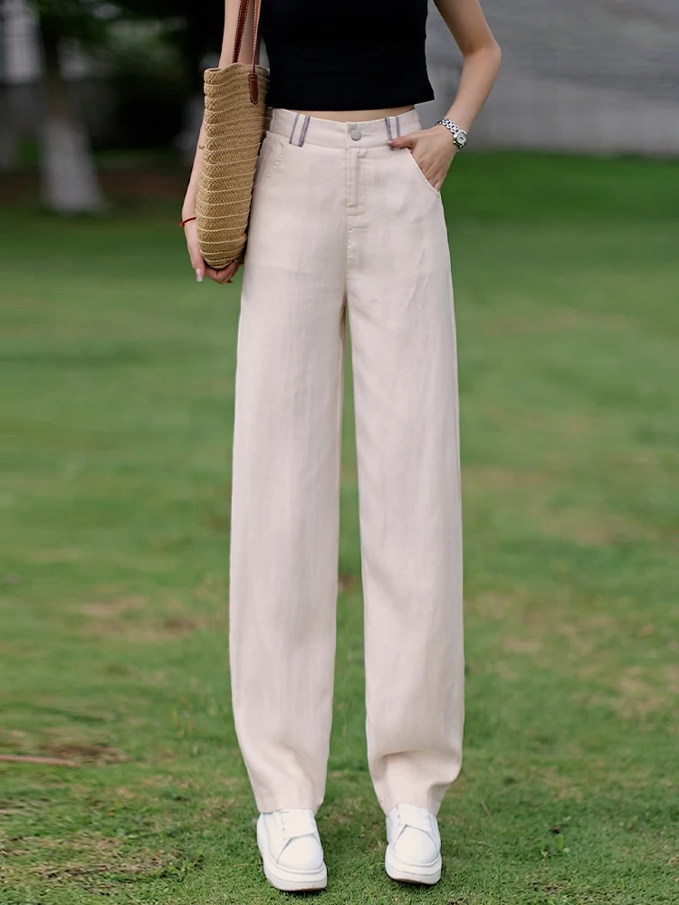 

Summer Thin Linen Pants Women's High Waist Drapey Wide Leg Casual Straight Cut Blend Short Sleeve Pure Color