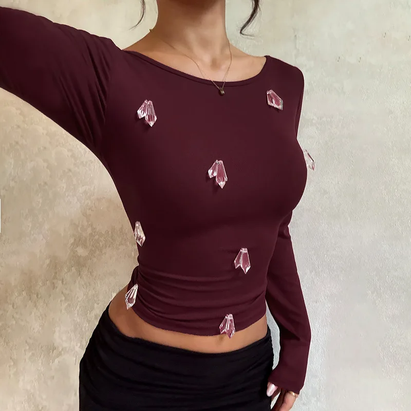 Pure Desire Spicy Girl YL25330 Long Sve Slim Fit Knitted Top with 3D Diamo Autumn New Sle Women's Faion Top