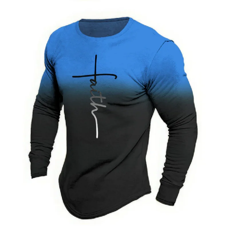 Gradient Cross Print Men's T Shirt Fashion Cotton Long Sleeve T-shirts Casual O-neck Loose Pullover Tops Autumn Simple Men Cloth