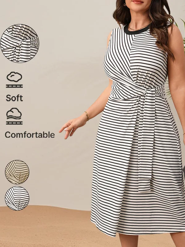 

Elegant British Style Women's Loose Fit Stripe Dress round Neck A-Line Skirt Long Dress Spring Summer Fashion High Waist