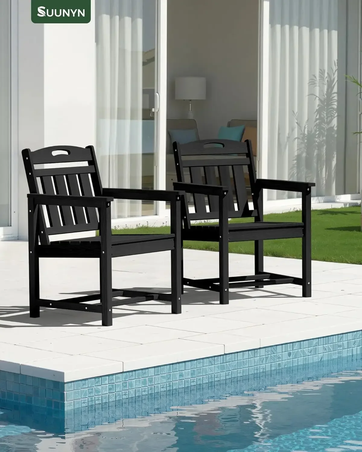 Set Of Two Weatherproof Patio Chairs Hdpe Outdoor Dining Chairs With Wide Seat Ergonomic Design For Garden Backyard Deck Black