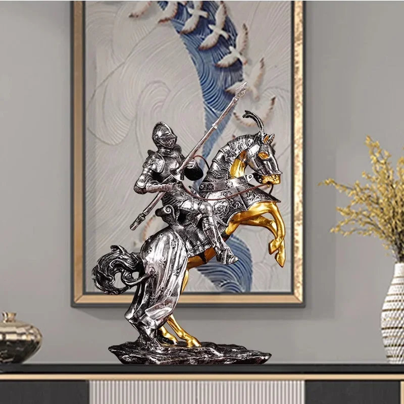 Vintage Armor Knight Sculpture Horse Success Figurine Creative Decor Statue Living Room Wine Cabinet Office Opening Gift Craft