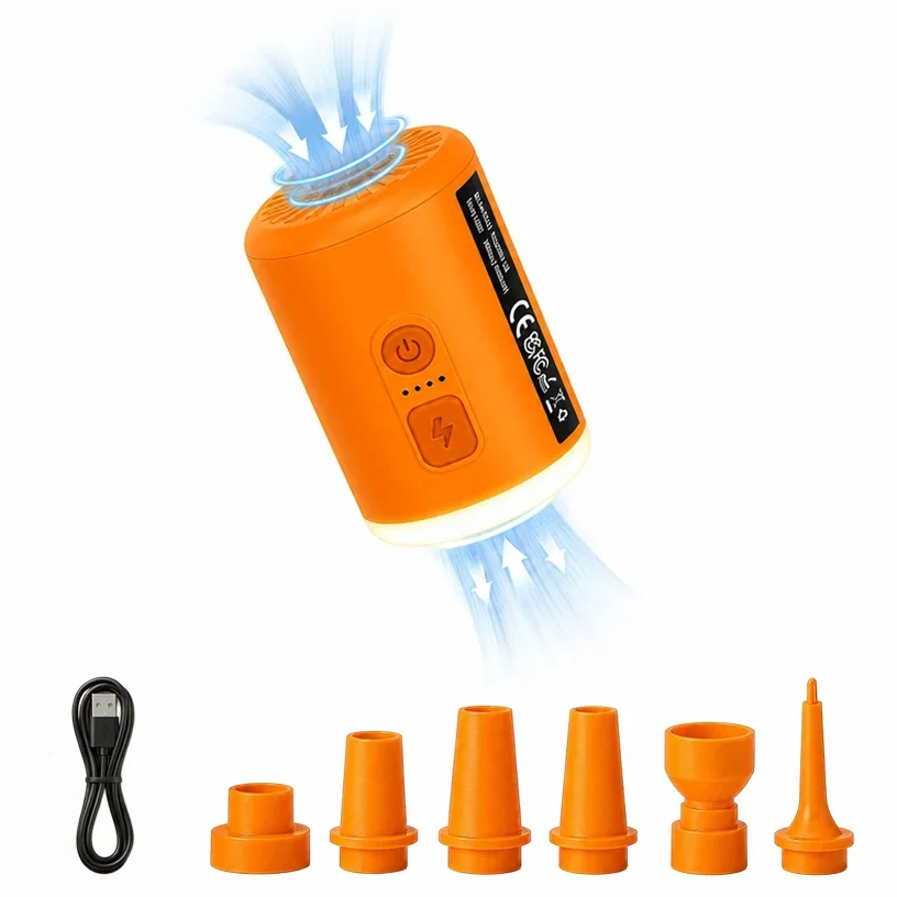 Cordless Inflatable&Deflatable Pump Multi-function USB Rechargeable, 6 Nozzles&LED,Blower For Pool Float,Vacuum Bag,Home Storage