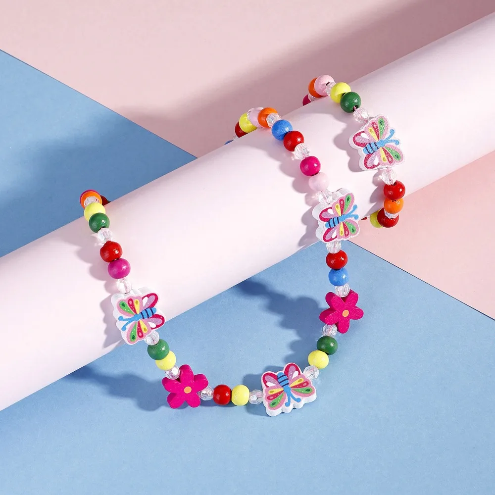 2Pcs/set Cartoon Colorful Wooden Unicorn Flower Animal Child Necklace Bracelet Girl's Gifts Children's Jewelry Kids Toys Colored