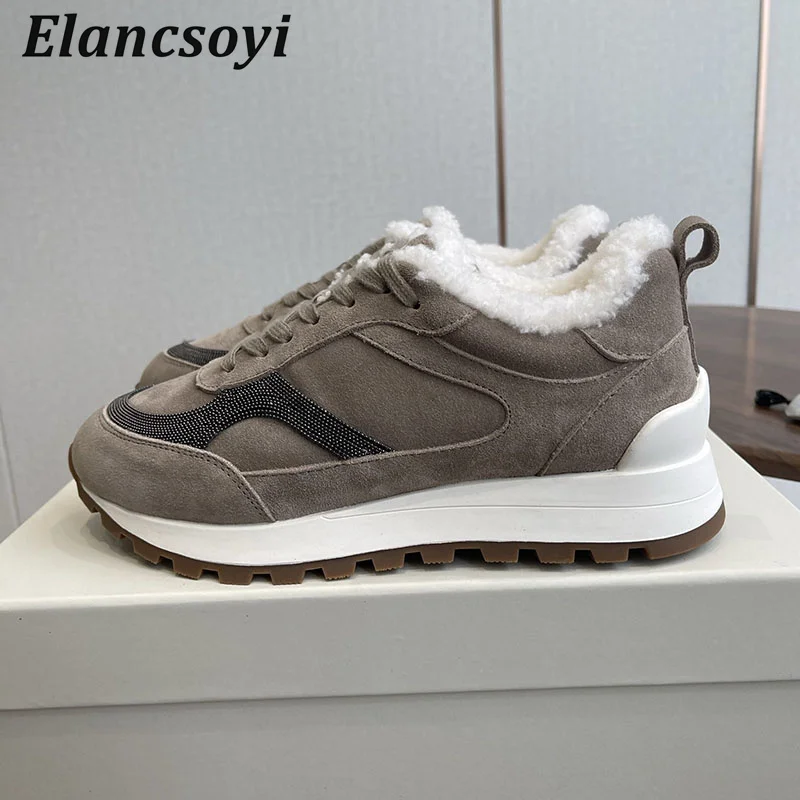 Sneakers Women Thick Bottom Lace Up Daddy Shoes Round Toe Suede String Bead Flat Shoes Real Wool Lining Warm Casual Shoes 2025