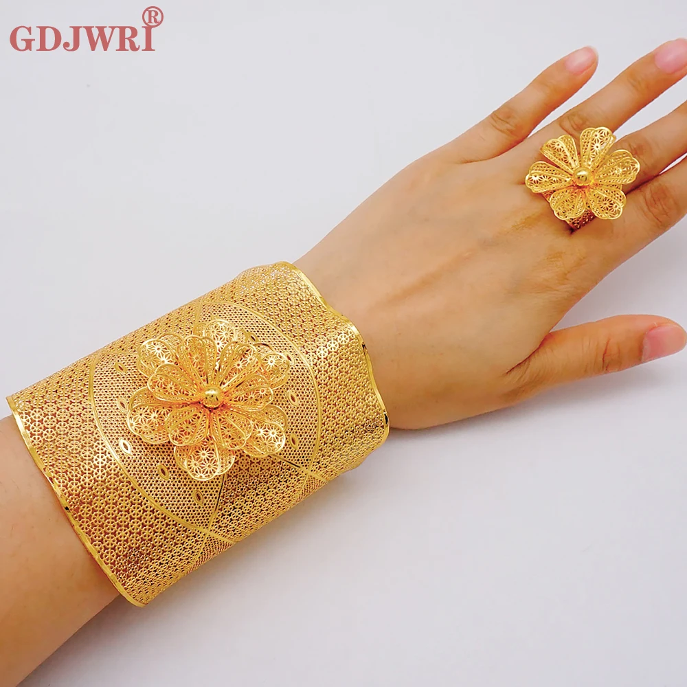 

France Luxury Chain Cuff Bangle & Ring For Women Dubai Gold Color Indian Moroccan Big Flower Bracelet Jewelry Arabic Wedding