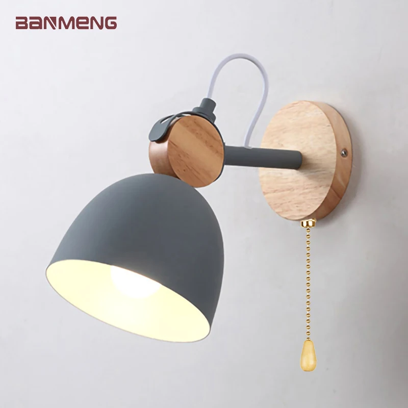 

Modern E27 LED wall lamp Nordic wood and iron adjustable sconces light indoor bedside bedroom livingroom home Decorate switch EU