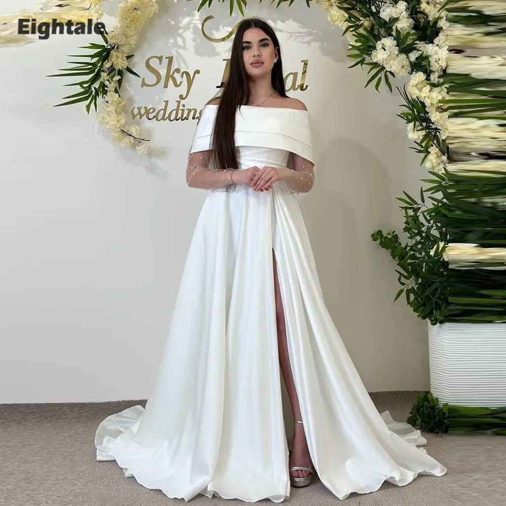 

Eightale Arabic Wedding Dresses Strapless Customized Long Sleeve A-Line Satin Floor Length Bridal Gowns Vestidos De Novia