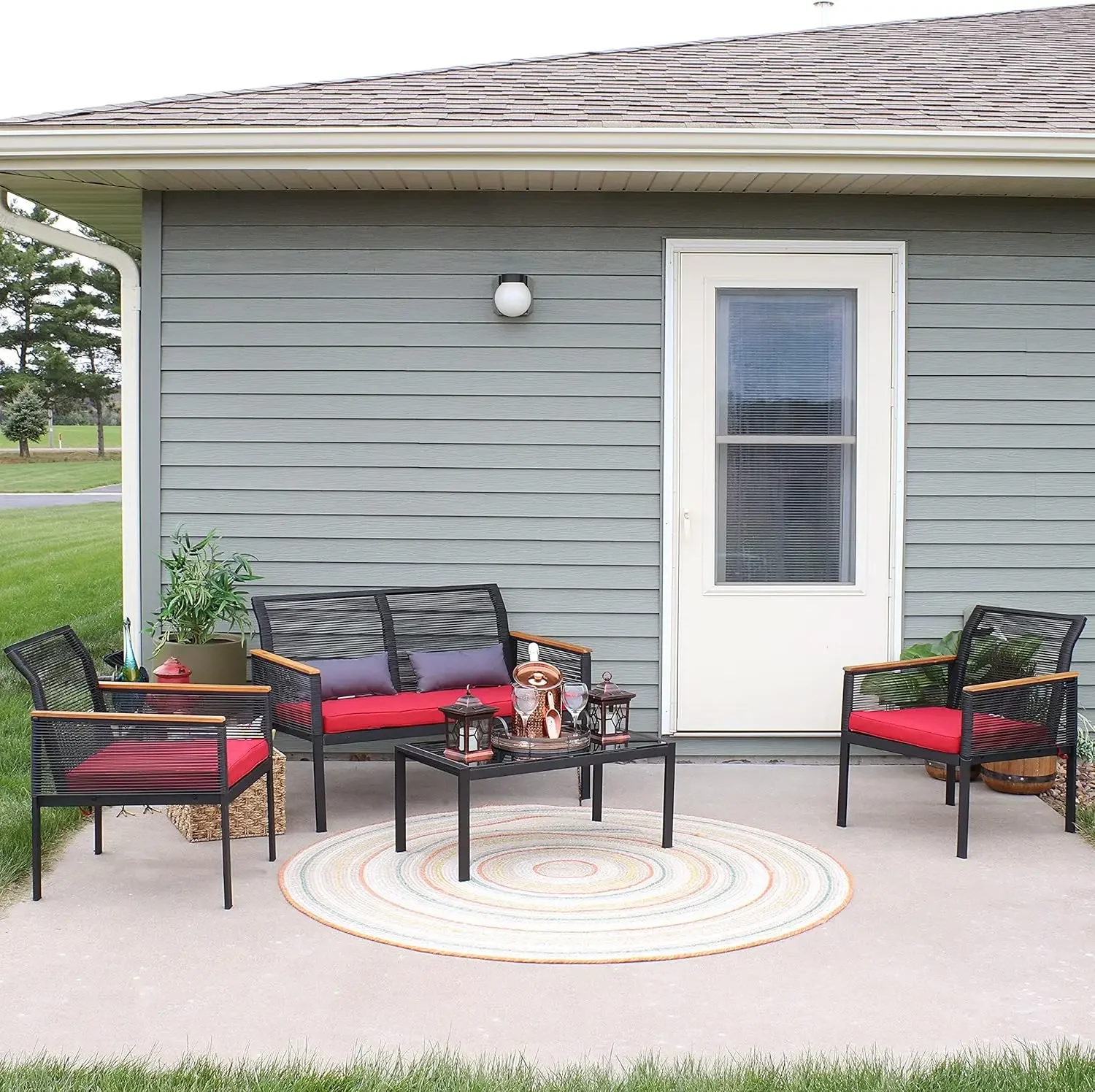 4-Piece Patio Conversation Furniture Set - 1 Loveseat, 2 Chairs and 1 Coffee Table - Thick Red Cushions