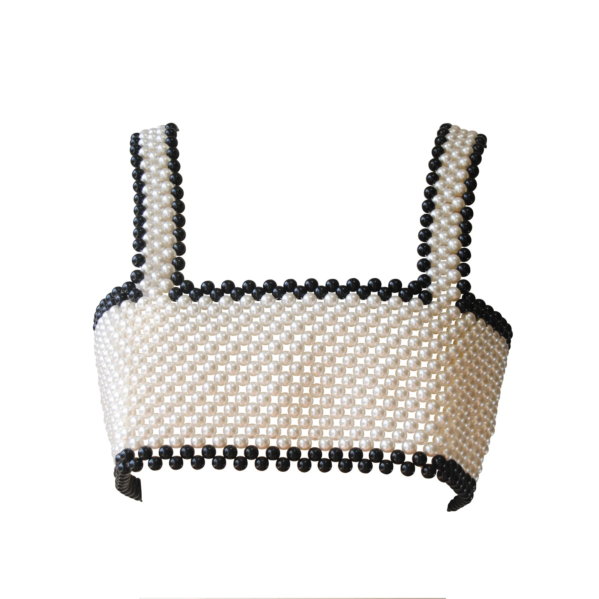 Sexy Women's Pearl Shoulder Bared Mesh Vest with Adjustable Ribbon Fashionable Sleeveless Summer Wear Ladies Pearl Top