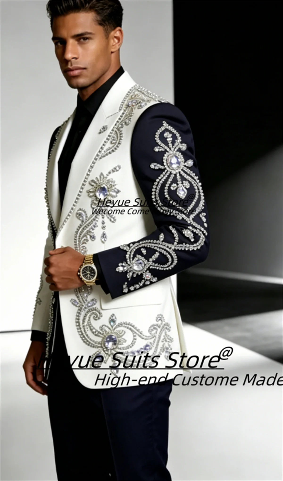 

Gorgeous Crystal Bead Banquet Party Men Suits Customized Slim Fit Peak Lapel Groom Wedding Tuxedos 2Pcs Sets Male Formal Blazers
