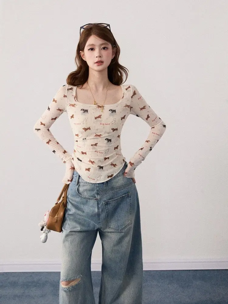 Y2k americano retro impresso t camisa feminina harajuku bodycon manga longa topo início do outono streetwear blusa coreano chique roupas femininas