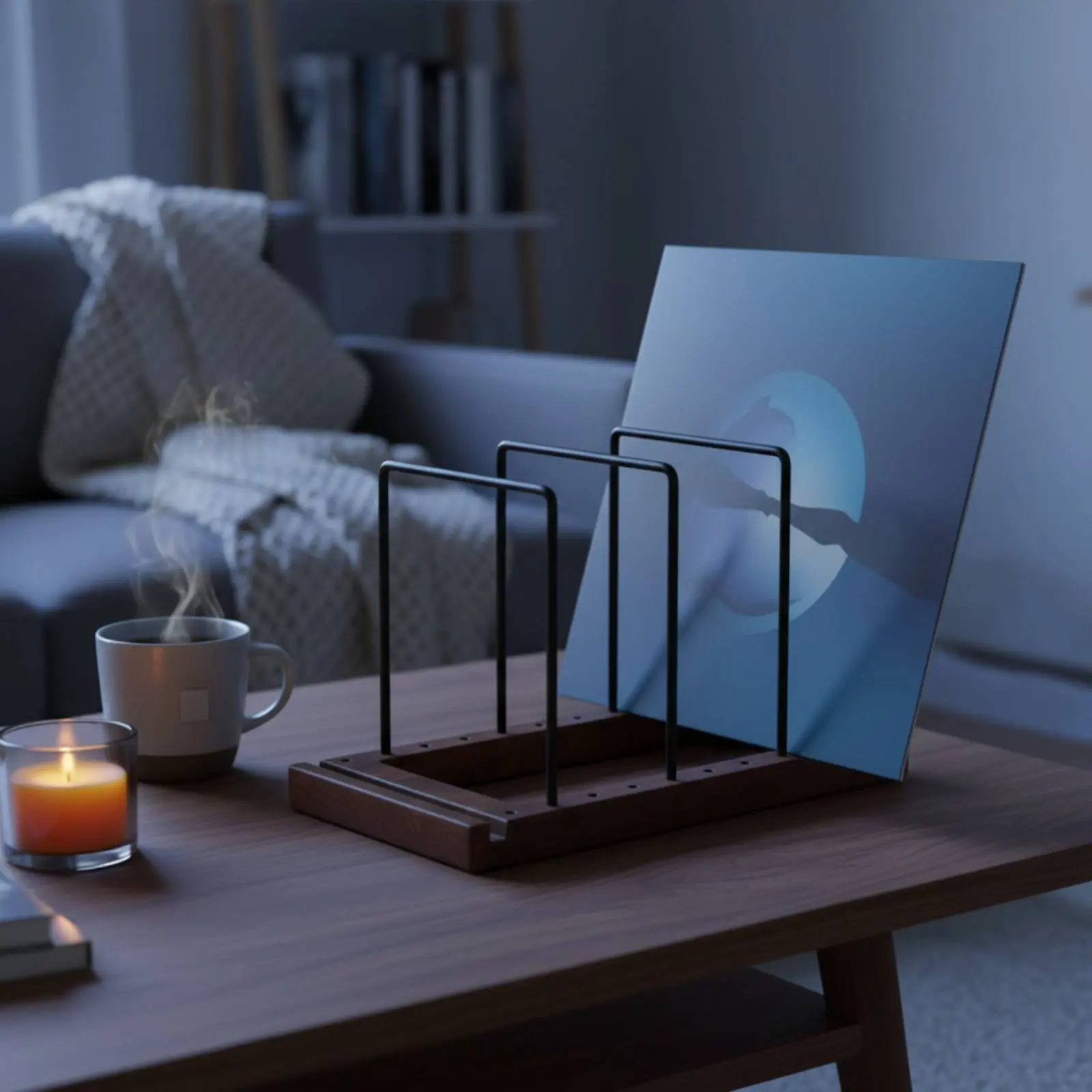 Metal and Wood Album Rack Decorative Display Vinyl Album Rack Tabletop Vinyl Holder Wooden Space Saving for Cafe, Music Room