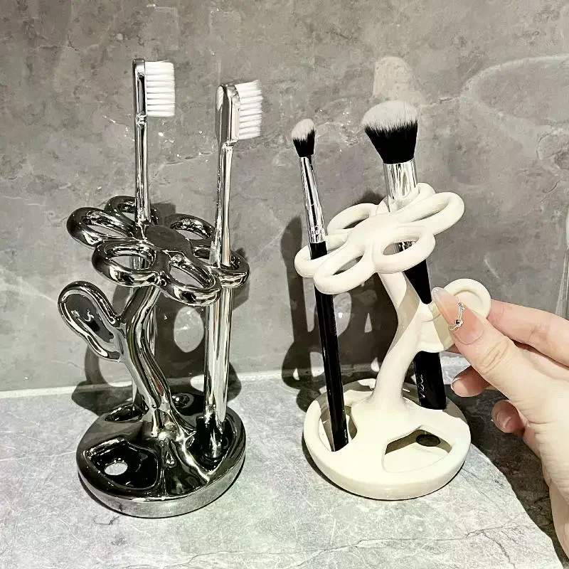 Ceramic Toothbrush Holder 6 Slots Flower Shaped Bathroom Storage Holder Easy To Clean Luxury Toothbrush Rack Bathroom Supplies