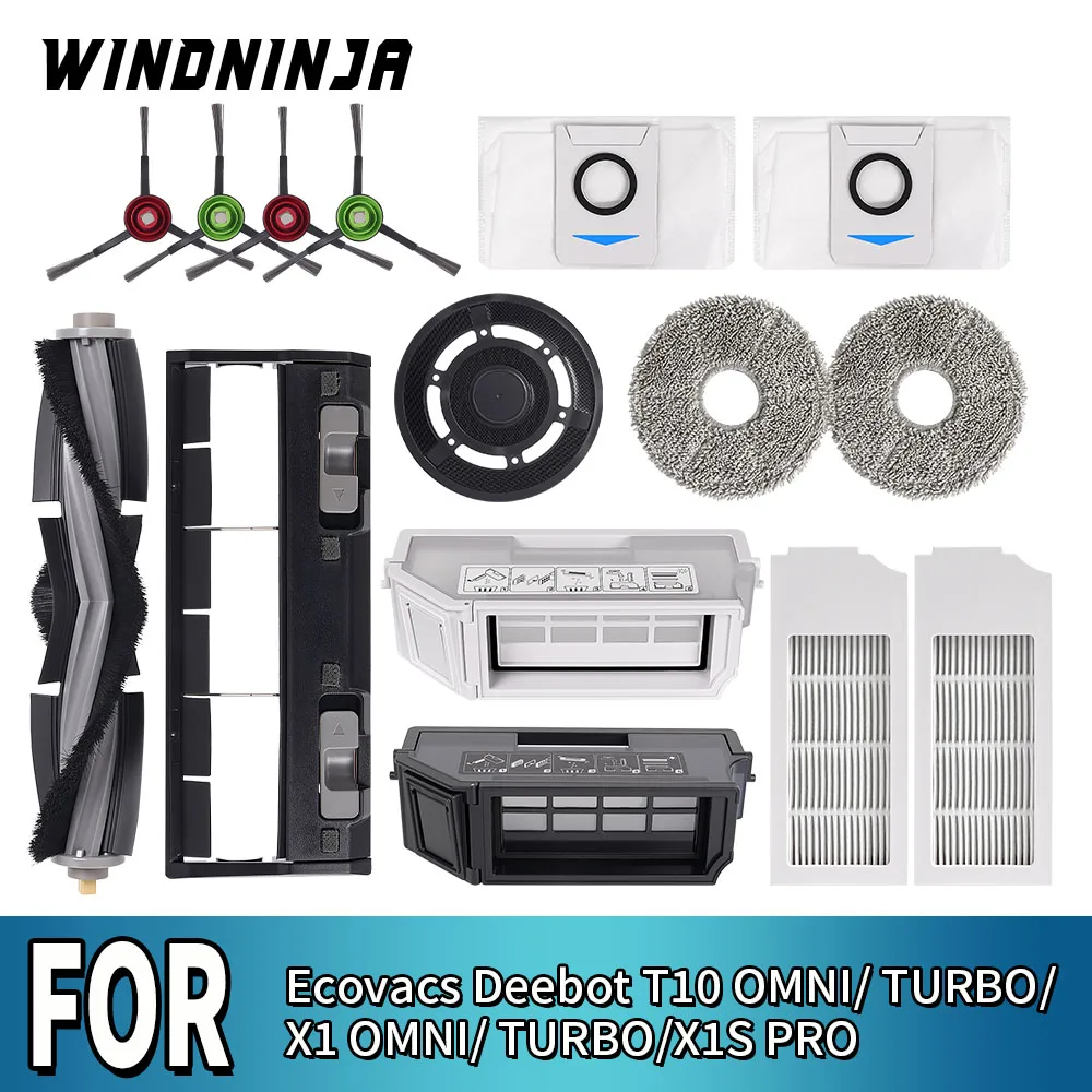 Repuestos para Ecovacs Deebot X1 OMNI/TURBO T10 OMNI/TURBO/X1S PRO: Caja de Polvo, Cepillo Principal y Lateral, Filtro HEPA, Paños de Limpieza, Bolsa de Polvo