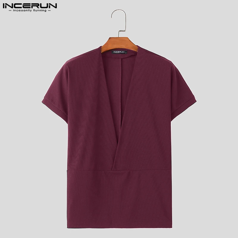 2024 Men T Shirt Solid Color V Neck Short Sleeve Summer Casual Men Clothing Streetwear Fashion Leisure Tee Tops S-5XL INCERUN