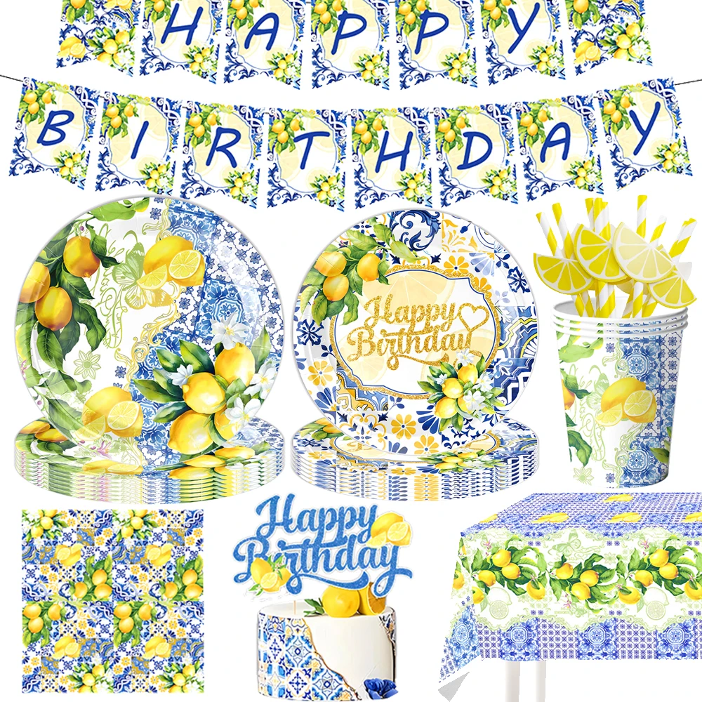 Zitronen-Thema, Einweggeschirr, Pappteller, Tassen, Servietten, Tischdecke, Banner, Sommer, Obst, Geburtstag, Party, Dekoration, Zubehör