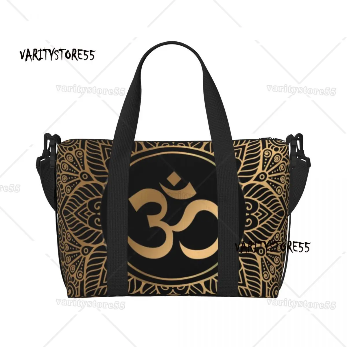 

Custom Golden Om Mandala Beach Tote Bag Women Extra Large Gym Carry On Henna Aum Travel Shopping Bags