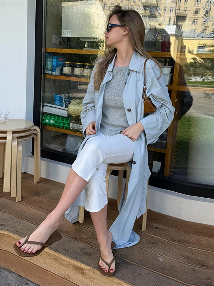 Damenjacken mit Revers, Einreihig mit Gürtel, Dünne Trenchcoats, Streetwear für Frauen, Langarm, Einfarbig, Lockerer Mantel, Neue Damen-Oberbekleidung – Detail 3