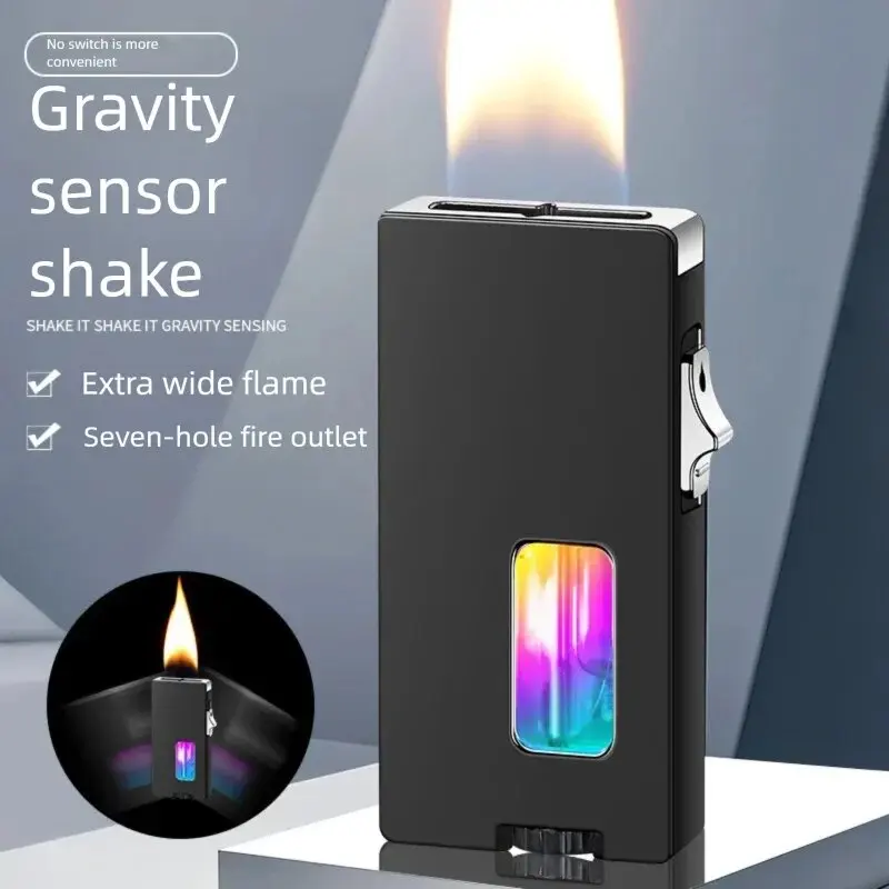 Windproof Butane Gas Lighter 7 Hole Jet Flame LED Fuel Window Gravity Sensing Shake Ignition Reusable Refillable for Outdoor Use