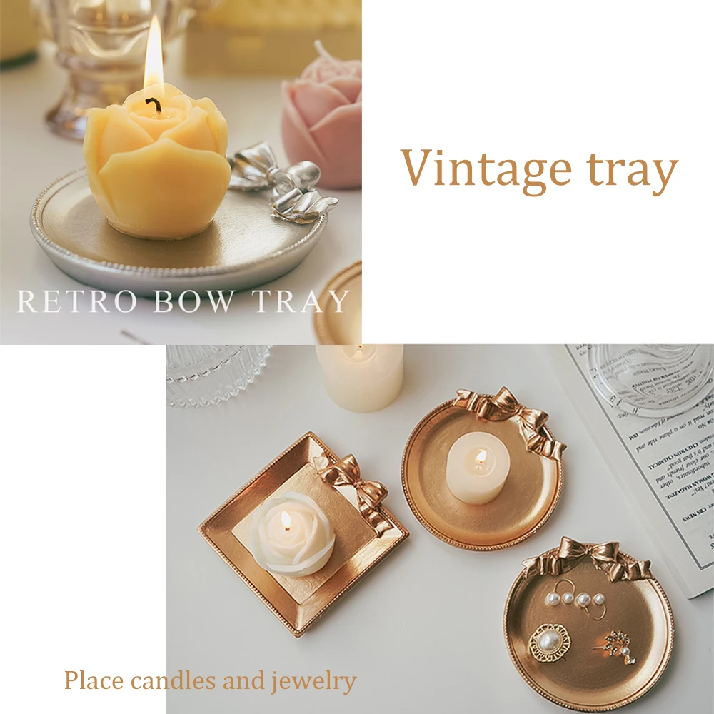 Retro Bow-knot Tray Ring Jewelry Storage Trays Lovely Round and Square Candle Tray Photography Prop Home Decor Ornaments