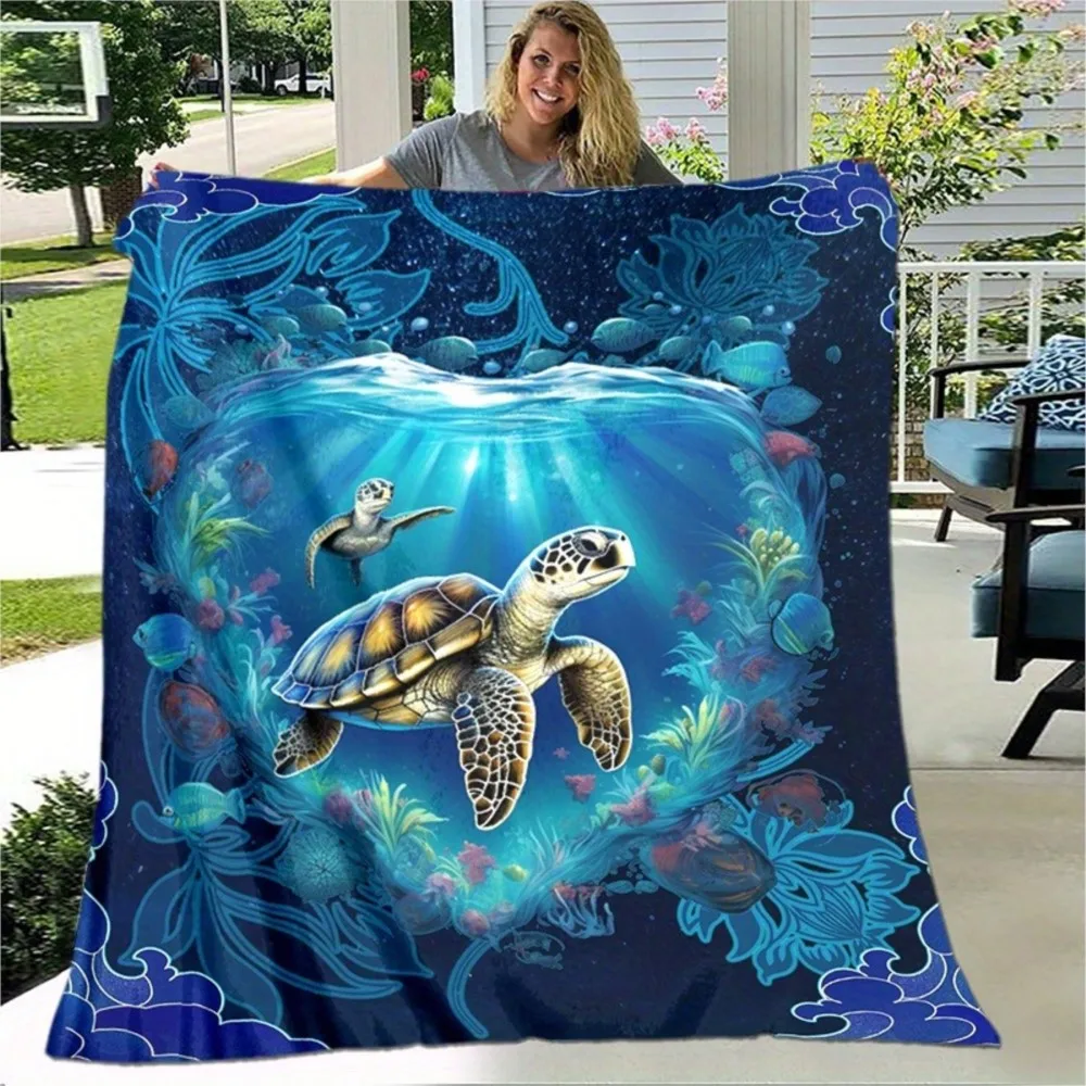 1pc Sea Turtle Print Flannel Blanket Gifts Animals Pattern Flannel Blankets Turtle Giraffe Lovers Gifts Four Season Use