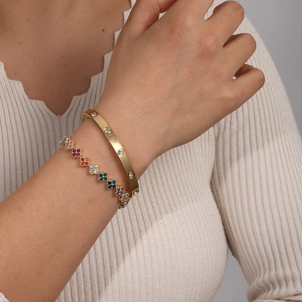 2PCS Colorful Shiny Zircon Five-leaf Flower Stacked Bracelet Bangles High Quality 18K Gold-plated Stainless Steel Jewelry Gift