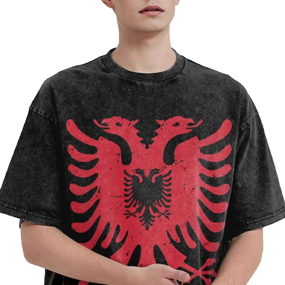 Albanische Flagge Albanien Gewaschen T Shirts Street Hip Hop Vintage T-Shirts T Shirt Männer Frauen 100% Baumwolle Harajuku Sommer – Detail 2