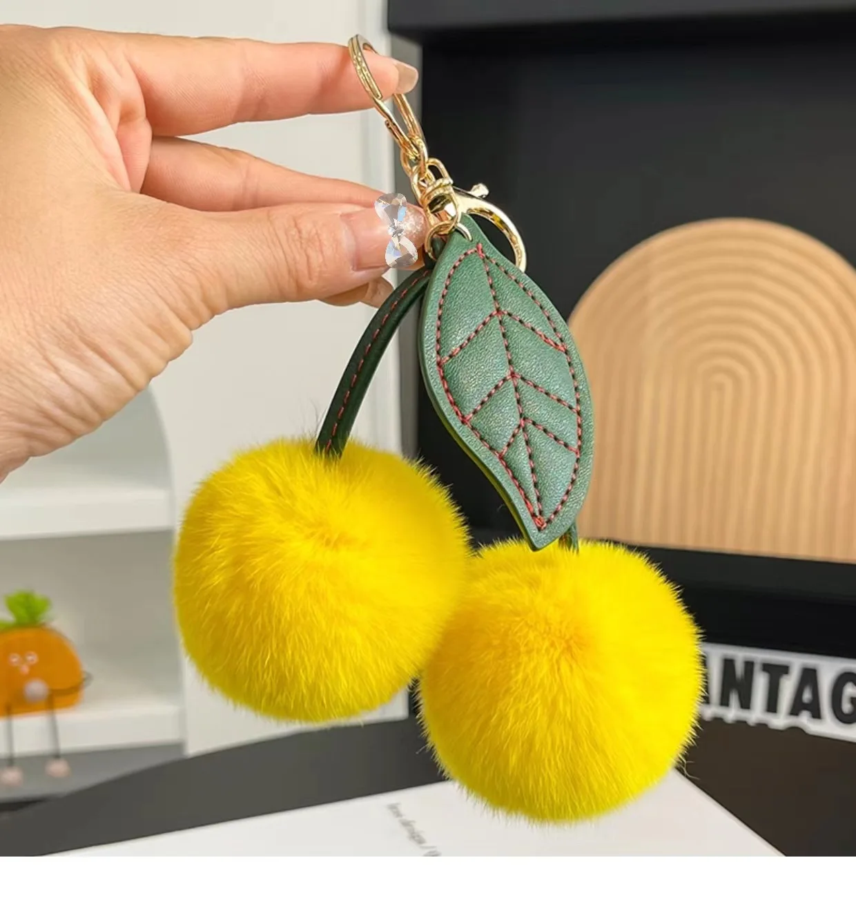 6pcs/set Cute Fluffy Rex Rabbit Fur Ball Pompom Leaf Keychain Cherry Key Chain Handbag Pendant Car Key Chain Ring